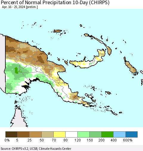 Papua New Guinea Percent of Normal Precipitation 10-Day (CHIRPS) Thematic Map For 4/16/2024 - 4/25/2024