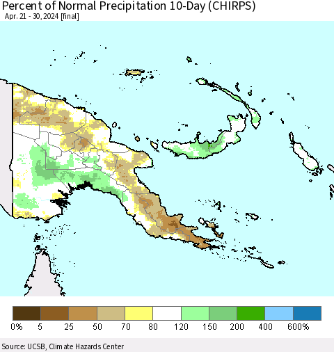 Papua New Guinea Percent of Normal Precipitation 10-Day (CHIRPS) Thematic Map For 4/21/2024 - 4/30/2024