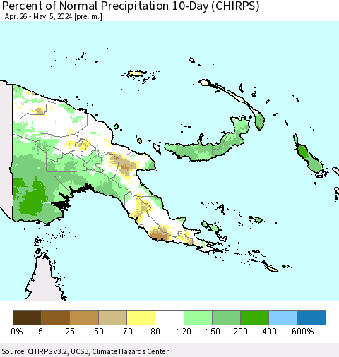 Papua New Guinea Percent of Normal Precipitation 10-Day (CHIRPS) Thematic Map For 4/26/2024 - 5/5/2024