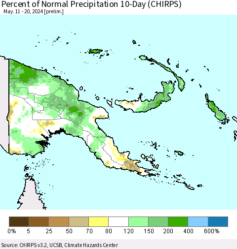 Papua New Guinea Percent of Normal Precipitation 10-Day (CHIRPS) Thematic Map For 5/11/2024 - 5/20/2024