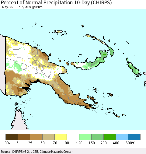Papua New Guinea Percent of Normal Precipitation 10-Day (CHIRPS) Thematic Map For 5/26/2024 - 6/5/2024