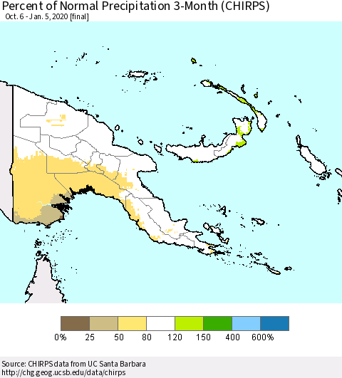 Papua New Guinea Percent of Normal Precipitation 3-Month (CHIRPS) Thematic Map For 10/6/2019 - 1/5/2020
