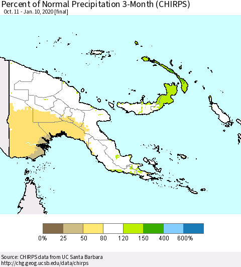 Papua New Guinea Percent of Normal Precipitation 3-Month (CHIRPS) Thematic Map For 10/11/2019 - 1/10/2020