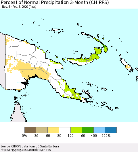Papua New Guinea Percent of Normal Precipitation 3-Month (CHIRPS) Thematic Map For 11/6/2019 - 2/5/2020