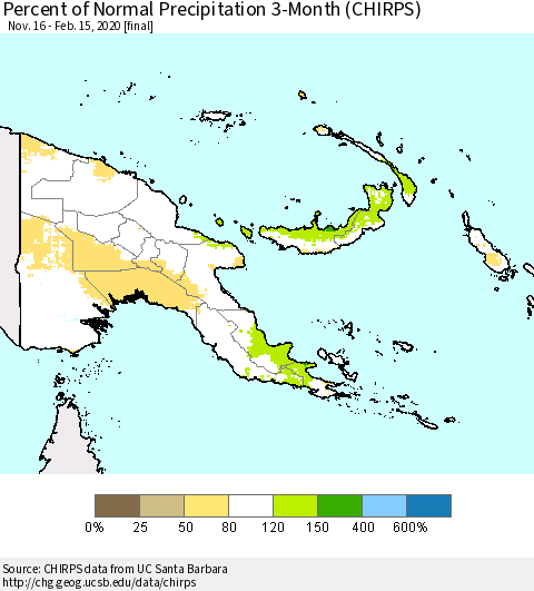 Papua New Guinea Percent of Normal Precipitation 3-Month (CHIRPS) Thematic Map For 11/16/2019 - 2/15/2020