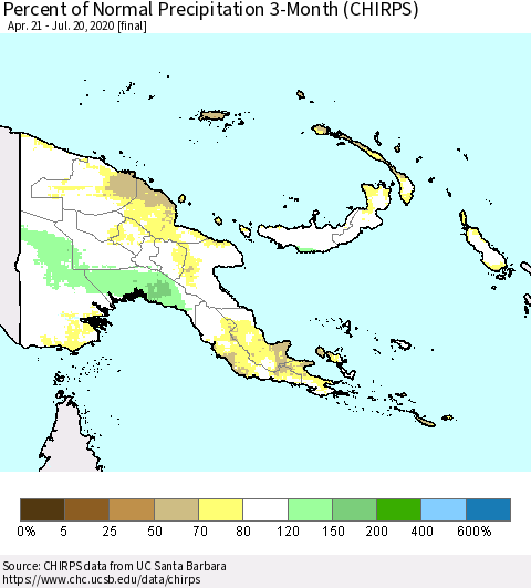 Papua New Guinea Percent of Normal Precipitation 3-Month (CHIRPS) Thematic Map For 4/21/2020 - 7/20/2020