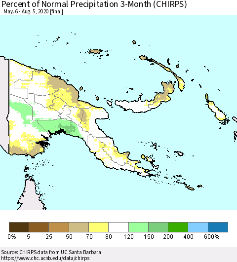Papua New Guinea Percent of Normal Precipitation 3-Month (CHIRPS) Thematic Map For 5/6/2020 - 8/5/2020
