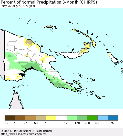 Papua New Guinea Percent of Normal Precipitation 3-Month (CHIRPS) Thematic Map For 5/26/2020 - 8/25/2020