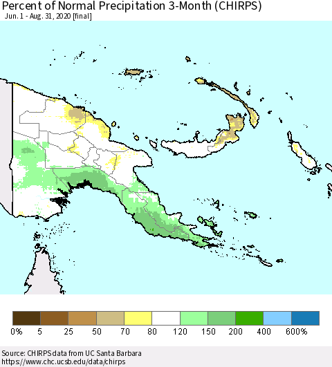 Papua New Guinea Percent of Normal Precipitation 3-Month (CHIRPS) Thematic Map For 6/1/2020 - 8/31/2020