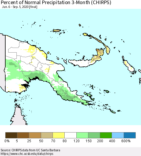 Papua New Guinea Percent of Normal Precipitation 3-Month (CHIRPS) Thematic Map For 6/6/2020 - 9/5/2020