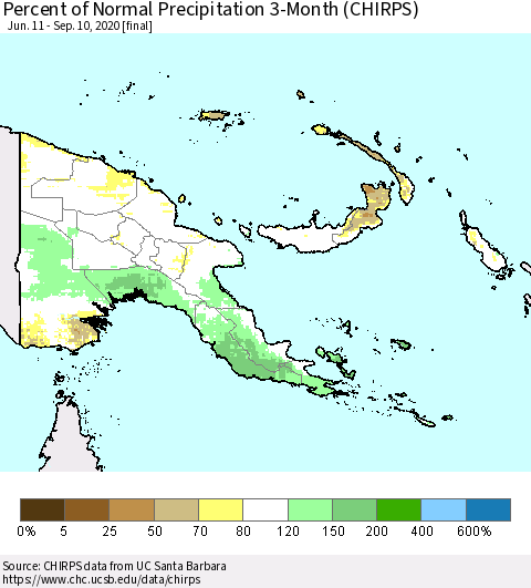 Papua New Guinea Percent of Normal Precipitation 3-Month (CHIRPS) Thematic Map For 6/11/2020 - 9/10/2020