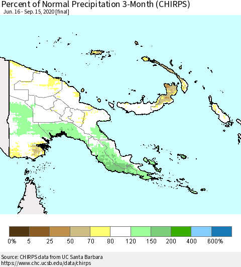 Papua New Guinea Percent of Normal Precipitation 3-Month (CHIRPS) Thematic Map For 6/16/2020 - 9/15/2020