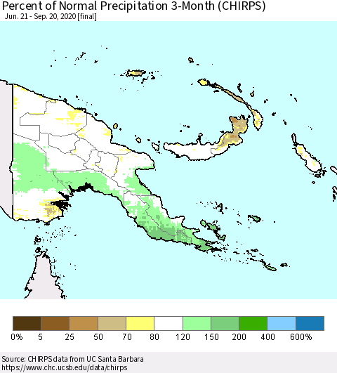 Papua New Guinea Percent of Normal Precipitation 3-Month (CHIRPS) Thematic Map For 6/21/2020 - 9/20/2020