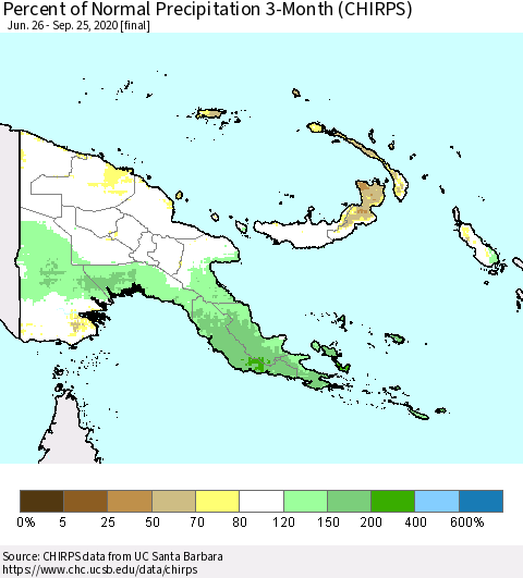 Papua New Guinea Percent of Normal Precipitation 3-Month (CHIRPS) Thematic Map For 6/26/2020 - 9/25/2020