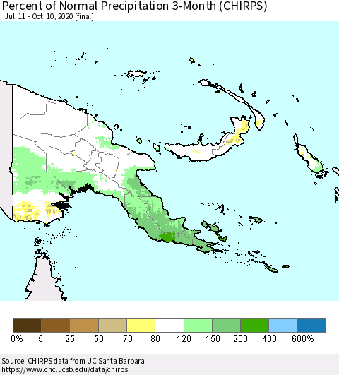 Papua New Guinea Percent of Normal Precipitation 3-Month (CHIRPS) Thematic Map For 7/11/2020 - 10/10/2020