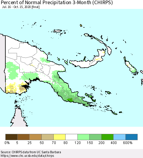 Papua New Guinea Percent of Normal Precipitation 3-Month (CHIRPS) Thematic Map For 7/16/2020 - 10/15/2020