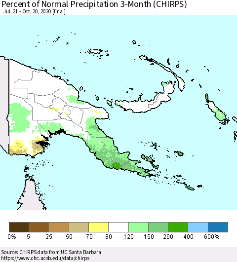 Papua New Guinea Percent of Normal Precipitation 3-Month (CHIRPS) Thematic Map For 7/21/2020 - 10/20/2020