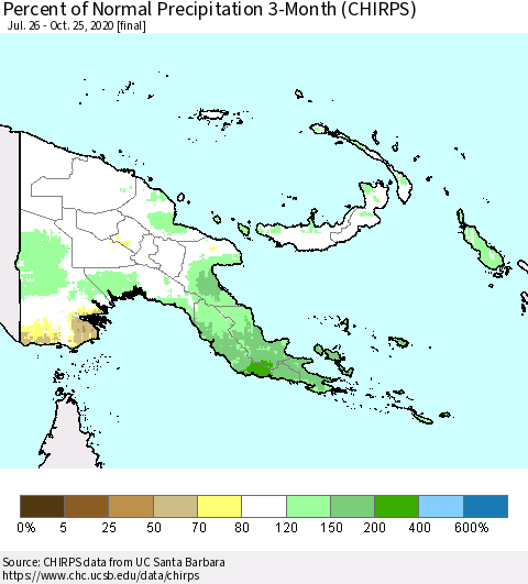 Papua New Guinea Percent of Normal Precipitation 3-Month (CHIRPS) Thematic Map For 7/26/2020 - 10/25/2020