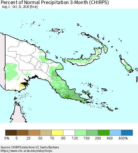 Papua New Guinea Percent of Normal Precipitation 3-Month (CHIRPS) Thematic Map For 8/1/2020 - 10/31/2020