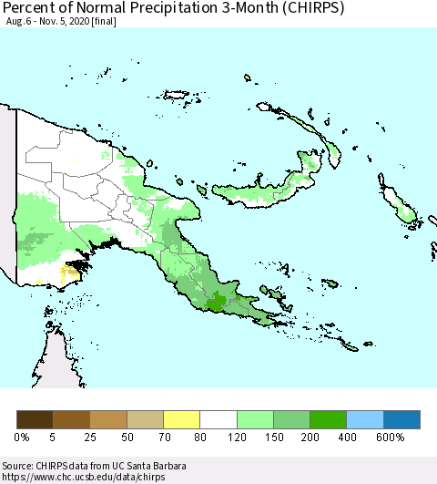 Papua New Guinea Percent of Normal Precipitation 3-Month (CHIRPS) Thematic Map For 8/6/2020 - 11/5/2020