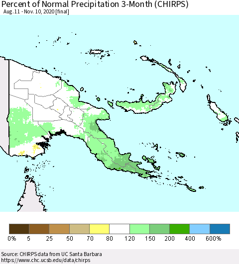 Papua New Guinea Percent of Normal Precipitation 3-Month (CHIRPS) Thematic Map For 8/11/2020 - 11/10/2020