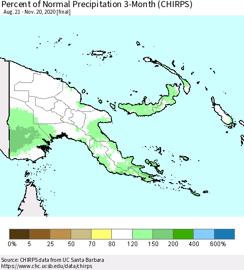 Papua New Guinea Percent of Normal Precipitation 3-Month (CHIRPS) Thematic Map For 8/21/2020 - 11/20/2020