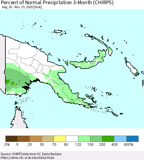Papua New Guinea Percent of Normal Precipitation 3-Month (CHIRPS) Thematic Map For 8/26/2020 - 11/25/2020