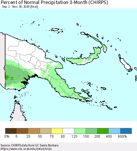 Papua New Guinea Percent of Normal Precipitation 3-Month (CHIRPS) Thematic Map For 9/1/2020 - 11/30/2020