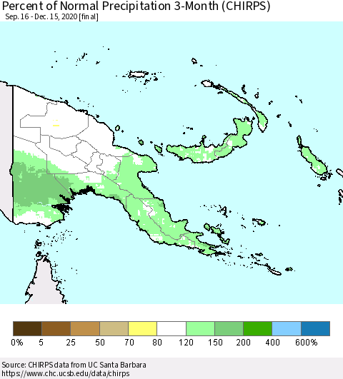 Papua New Guinea Percent of Normal Precipitation 3-Month (CHIRPS) Thematic Map For 9/16/2020 - 12/15/2020
