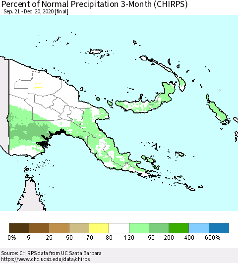 Papua New Guinea Percent of Normal Precipitation 3-Month (CHIRPS) Thematic Map For 9/21/2020 - 12/20/2020