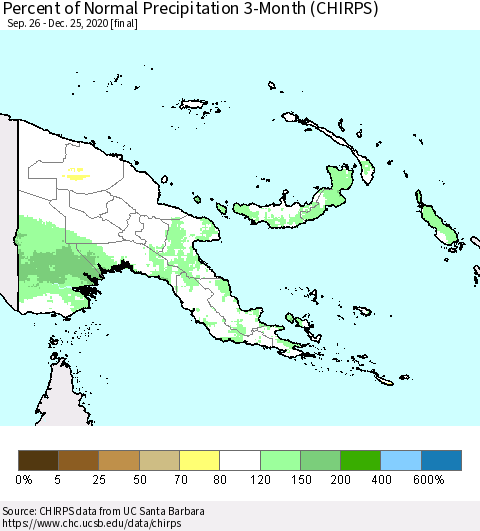 Papua New Guinea Percent of Normal Precipitation 3-Month (CHIRPS) Thematic Map For 9/26/2020 - 12/25/2020