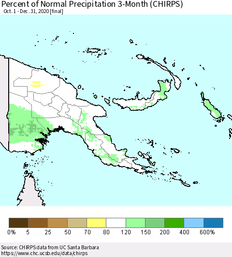 Papua New Guinea Percent of Normal Precipitation 3-Month (CHIRPS) Thematic Map For 10/1/2020 - 12/31/2020