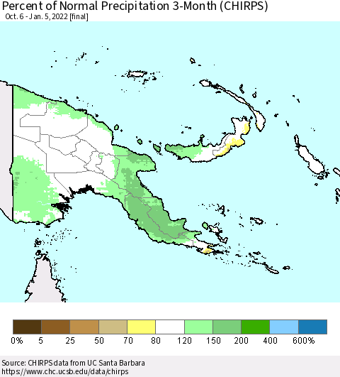 Papua New Guinea Percent of Normal Precipitation 3-Month (CHIRPS) Thematic Map For 10/6/2021 - 1/5/2022