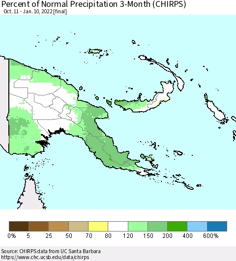 Papua New Guinea Percent of Normal Precipitation 3-Month (CHIRPS) Thematic Map For 10/11/2021 - 1/10/2022