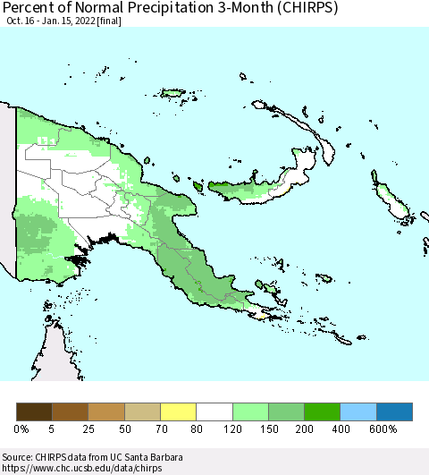 Papua New Guinea Percent of Normal Precipitation 3-Month (CHIRPS) Thematic Map For 10/16/2021 - 1/15/2022