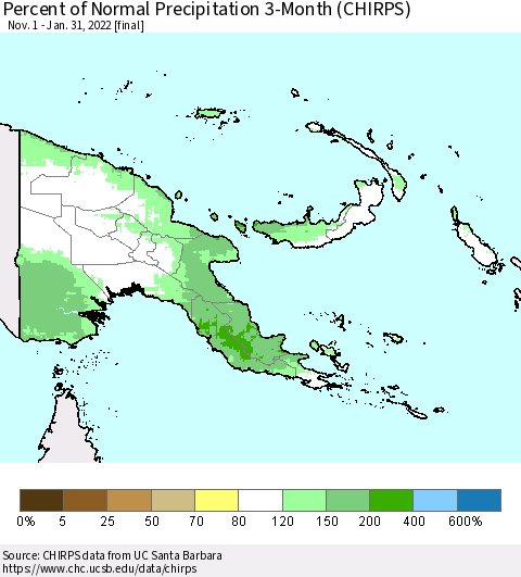 Papua New Guinea Percent of Normal Precipitation 3-Month (CHIRPS) Thematic Map For 11/1/2021 - 1/31/2022