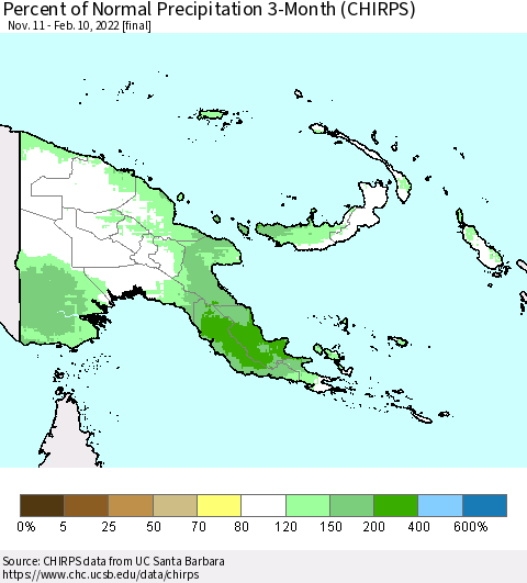 Papua New Guinea Percent of Normal Precipitation 3-Month (CHIRPS) Thematic Map For 11/11/2021 - 2/10/2022