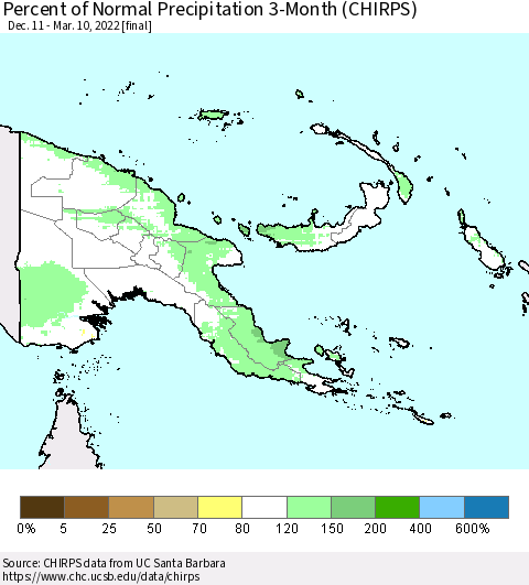 Papua New Guinea Percent of Normal Precipitation 3-Month (CHIRPS) Thematic Map For 12/11/2021 - 3/10/2022