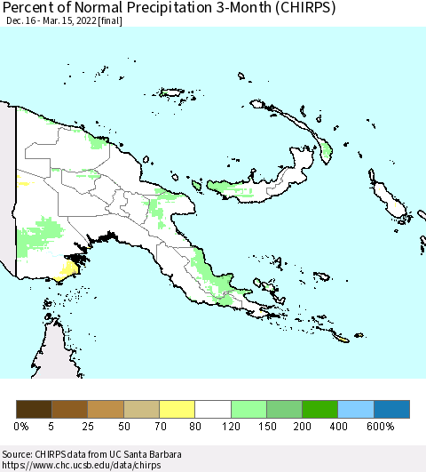 Papua New Guinea Percent of Normal Precipitation 3-Month (CHIRPS) Thematic Map For 12/16/2021 - 3/15/2022