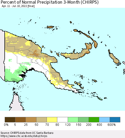 Papua New Guinea Percent of Normal Precipitation 3-Month (CHIRPS) Thematic Map For 4/11/2022 - 7/10/2022