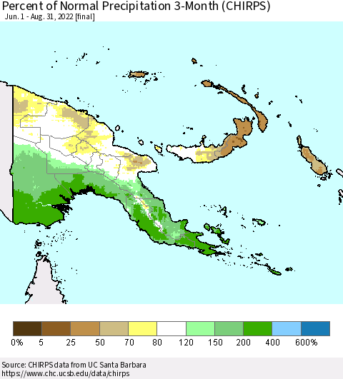 Papua New Guinea Percent of Normal Precipitation 3-Month (CHIRPS) Thematic Map For 6/1/2022 - 8/31/2022
