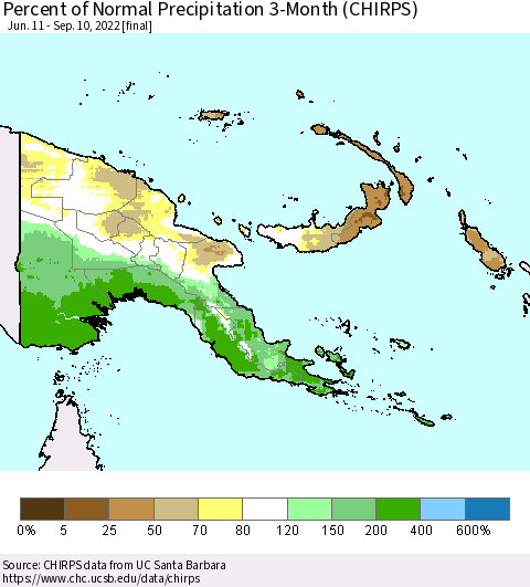 Papua New Guinea Percent of Normal Precipitation 3-Month (CHIRPS) Thematic Map For 6/11/2022 - 9/10/2022