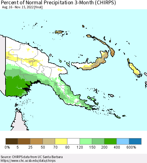 Papua New Guinea Percent of Normal Precipitation 3-Month (CHIRPS) Thematic Map For 8/16/2022 - 11/15/2022