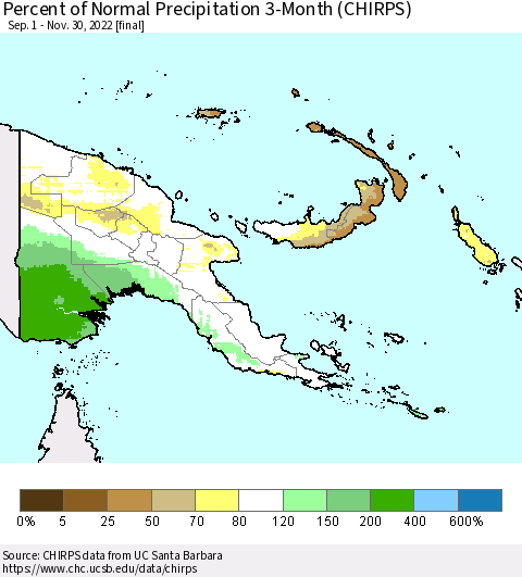 Papua New Guinea Percent of Normal Precipitation 3-Month (CHIRPS) Thematic Map For 9/1/2022 - 11/30/2022