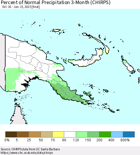 Papua New Guinea Percent of Normal Precipitation 3-Month (CHIRPS) Thematic Map For 10/16/2022 - 1/15/2023