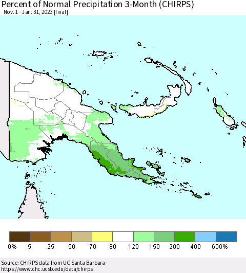 Papua New Guinea Percent of Normal Precipitation 3-Month (CHIRPS) Thematic Map For 11/1/2022 - 1/31/2023