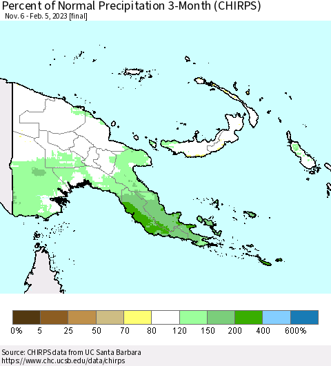 Papua New Guinea Percent of Normal Precipitation 3-Month (CHIRPS) Thematic Map For 11/6/2022 - 2/5/2023
