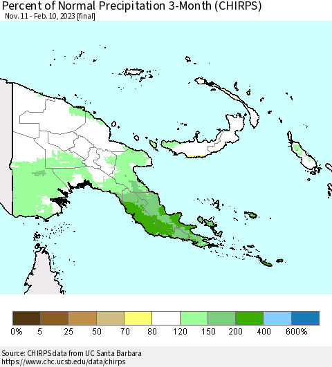 Papua New Guinea Percent of Normal Precipitation 3-Month (CHIRPS) Thematic Map For 11/11/2022 - 2/10/2023