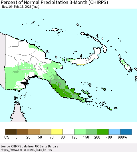 Papua New Guinea Percent of Normal Precipitation 3-Month (CHIRPS) Thematic Map For 11/16/2022 - 2/15/2023