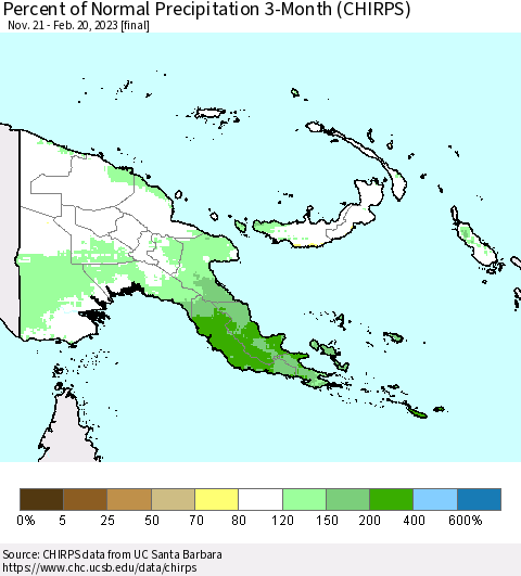 Papua New Guinea Percent of Normal Precipitation 3-Month (CHIRPS) Thematic Map For 11/21/2022 - 2/20/2023